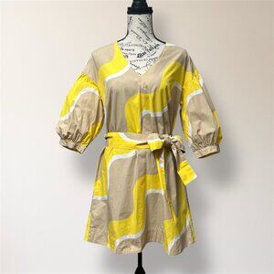 Chinti & Parker Tan Yellow Wave Print Belted V Neck Puff Sleeve Mini Dress Boho